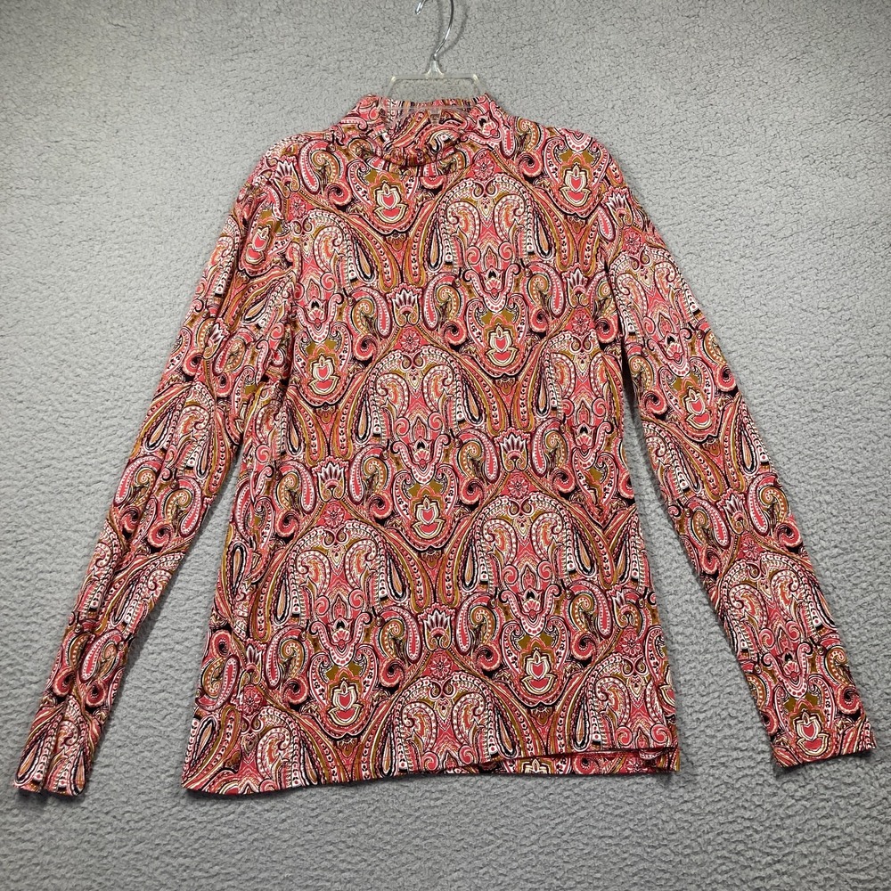Tahari Top Women's Large Salmon Paisley Long Sleeve Mock Neck Stretch Slim Fit